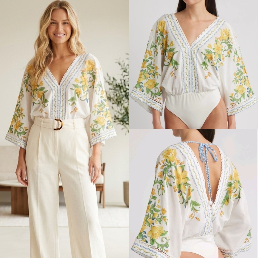 New Farm Rio Sicily Dolman Sleeve Bodysuit Size XS oversized $180 Batwing Thong
